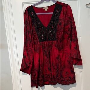 One World Red and Black Tunic Top  perfect for the holidays. Bell sleeves.